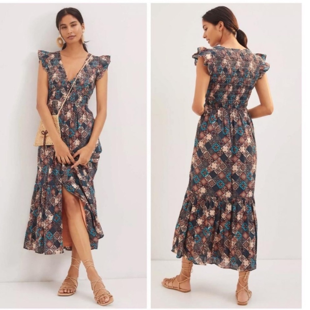 Anthropologie Smocked  Cottagecore Tiered Floral Midi/Maxi NWOT